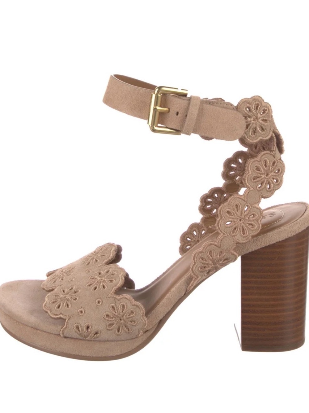 See by Chloe Women's Suede Scalloped Floral Block Heel Sandal - Taupe size 37.5